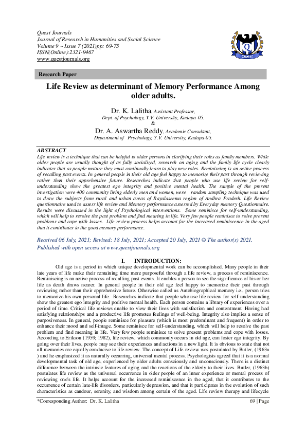 (PDF) Life Review as determinant of Memory Performance Among older adults