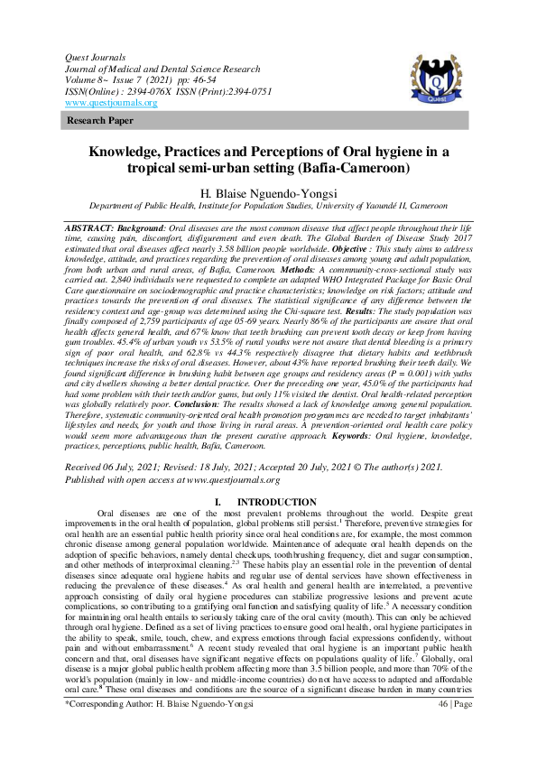 (PDF) Knowledge, Practices and Perceptions of Oral hygiene in a ...