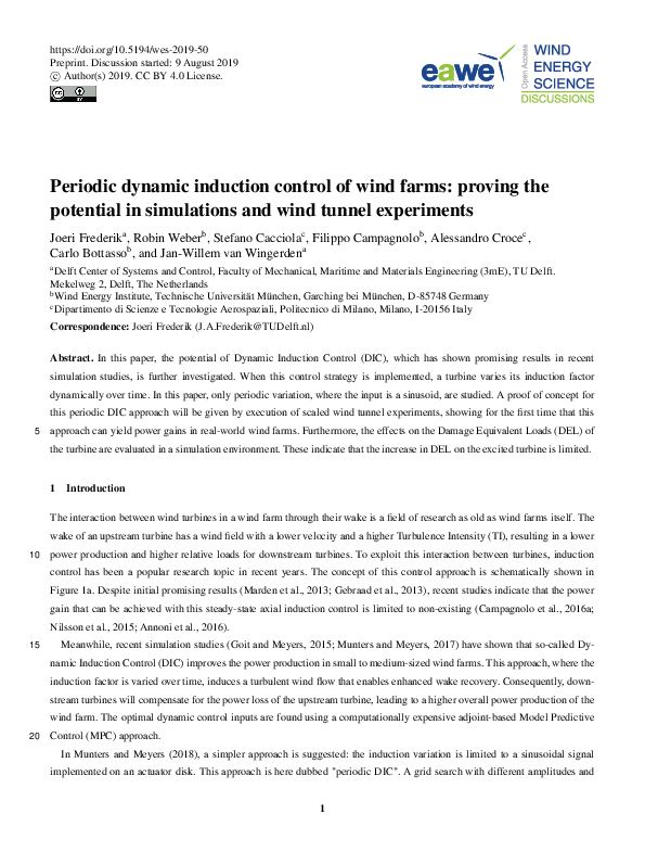 (PDF) Periodic dynamic induction control of wind farms: proving the ...