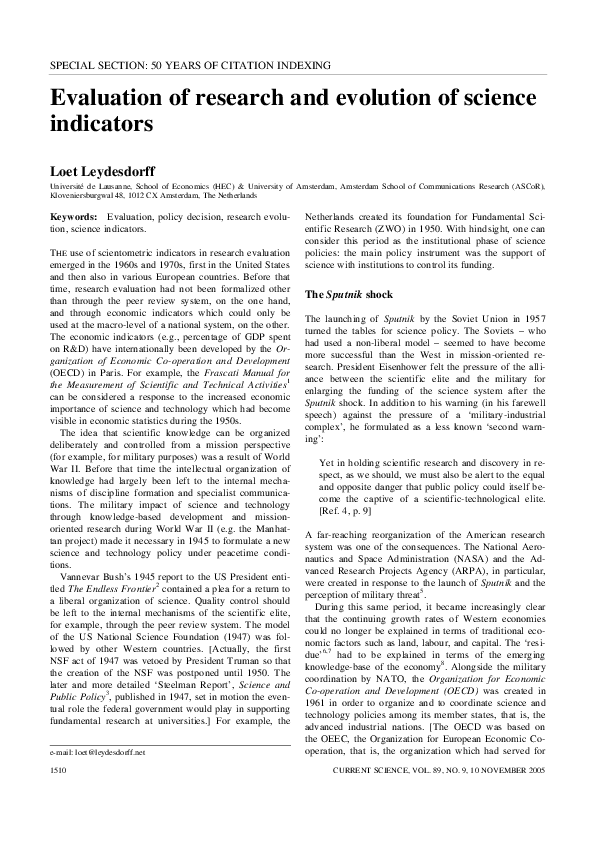 (PDF) Evaluation of research and evolution of science indicators