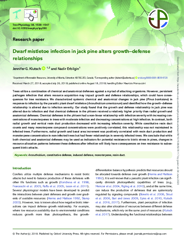 (PDF) Dwarf mistletoe infection in jack pine alters growth-defense ...