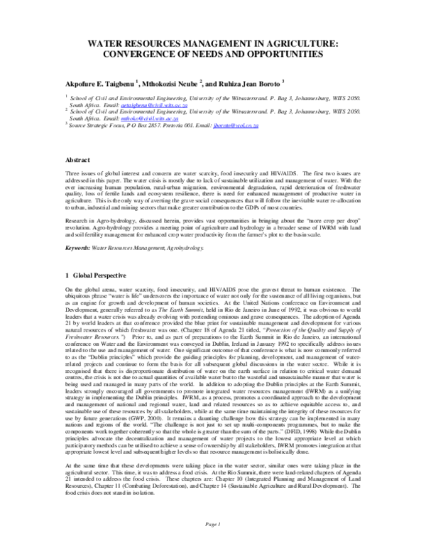 (PDF) Water Resources Management in Agriculture: Convergence of Needs ...