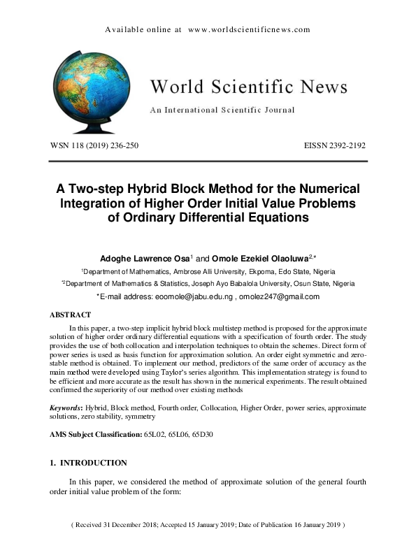 (PDF) A Two-step Hybrid Block Method for the Numerical Integration of ...