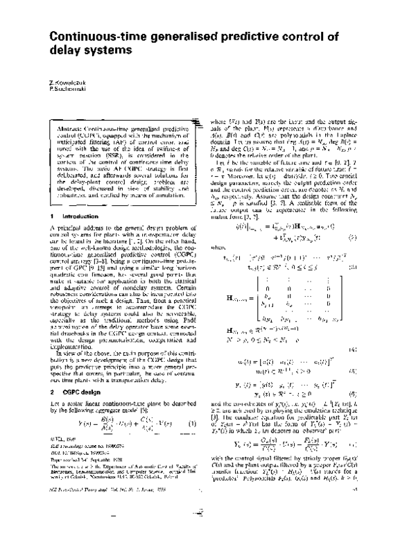 (PDF) Generalised predictive control of delay systems