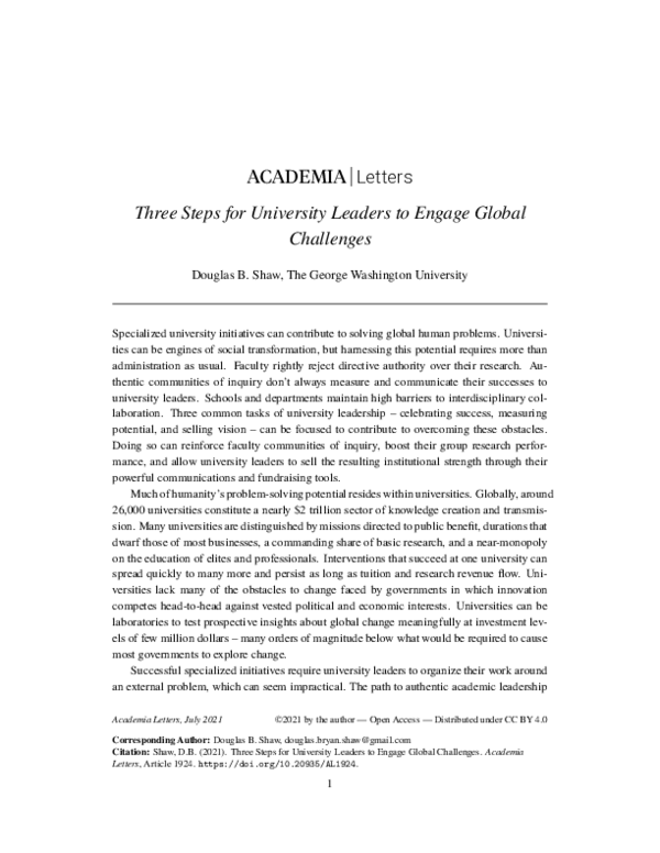 (PDF) Three Steps for University Leaders to Engage Global Challenges