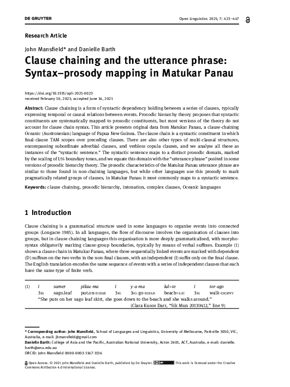 (PDF) Clause chaining and the utterance phrase: Syntax-prosody mapping ...
