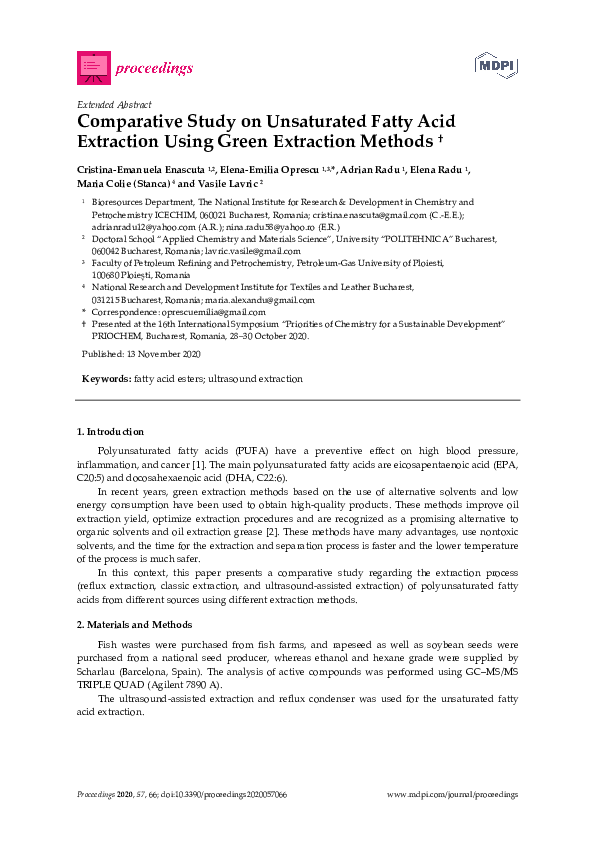 (PDF) Comparative Study on Unsaturated Fatty Acid Extraction Using Green Extraction Methods