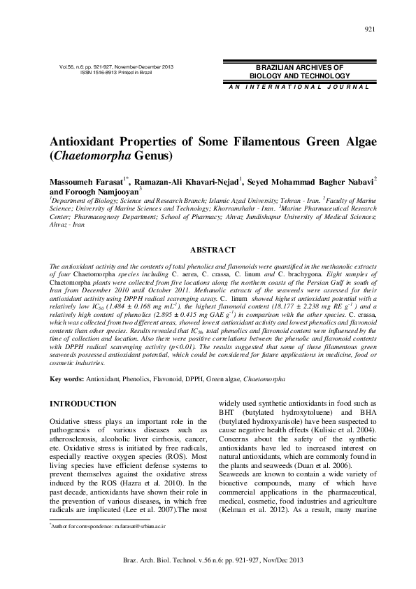 (PDF) Antioxidant properties of some filamentous green algae ...