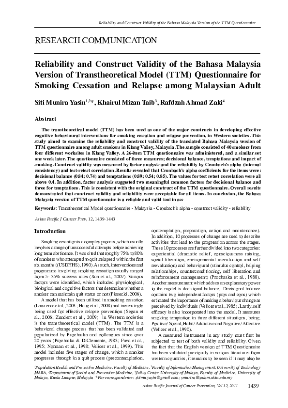 (PDF) Reliability and construct validity of the Bahasa Malaysia version