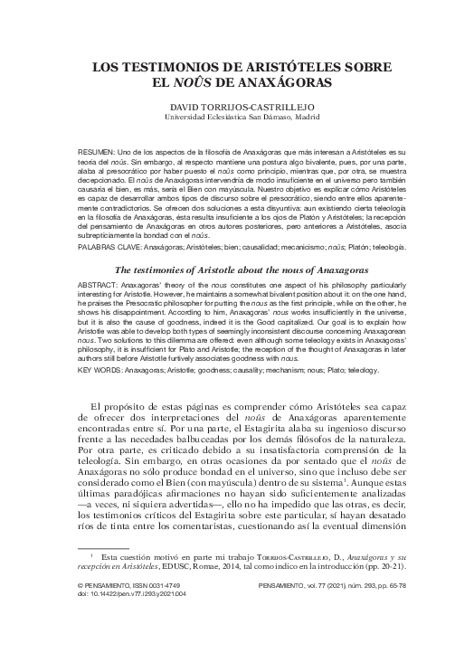 (PDF) Los testimonios de Aristóteles sobre el nous de Anaxágoras The testimonies of Aristotle