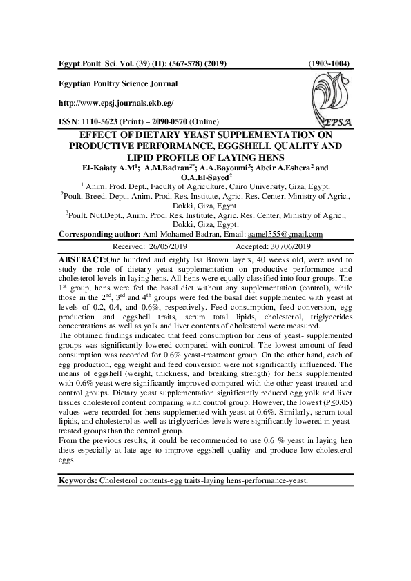(PDF) Effect of Dietary Yeast Supplementation on Productive Performance ...