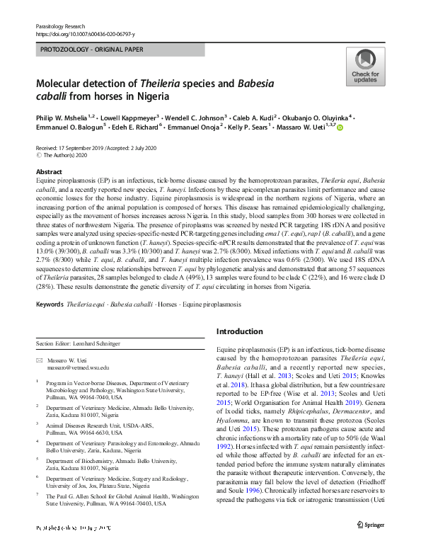(PDF) Molecular detection of Theileria species and Babesia caballi from ...