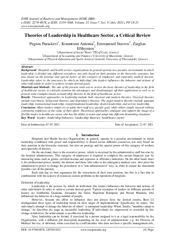 (PDF) Theories of Leadership in Healthcare Sector, a Critical Review