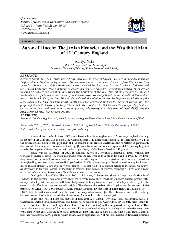 Aaron of Lincoln: The Jewish Financier and the Wealthiest Man of 12 th Century England