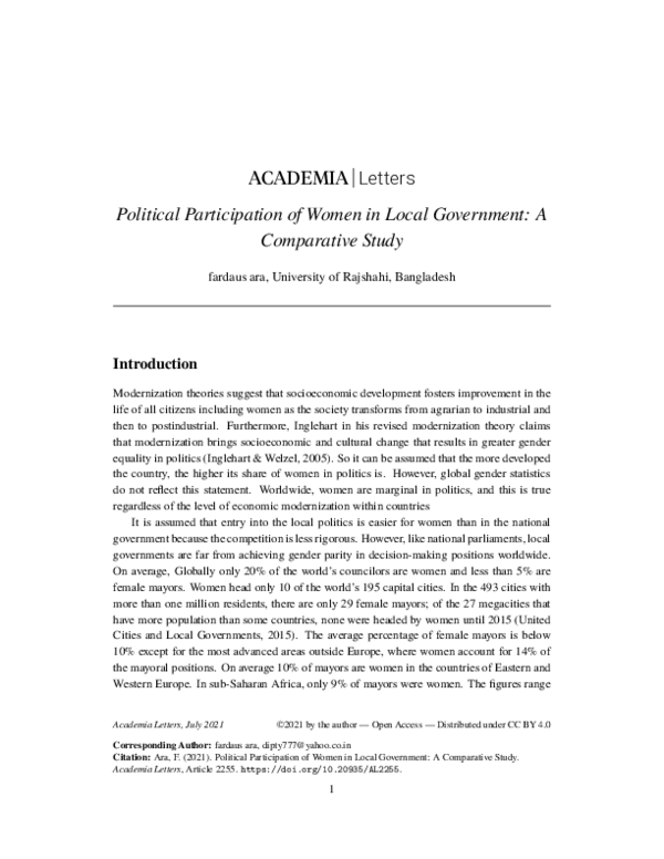 (PDF) Political Participation of Women in Local Government: A ...