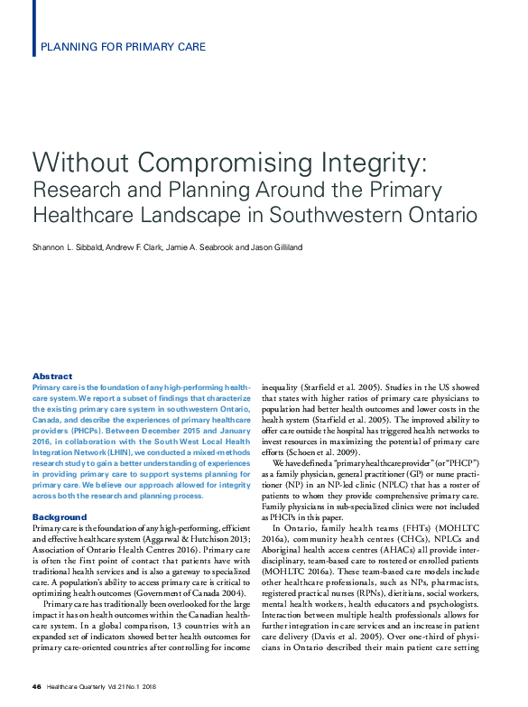 Without Compromising Integrity: Research and Planning Around the Primary Healthcare Landscape in Southwestern Ontario