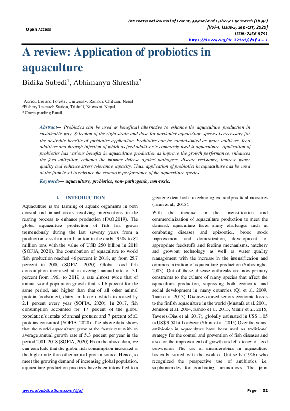 (PDF) A review: Application of probiotics in aquaculture