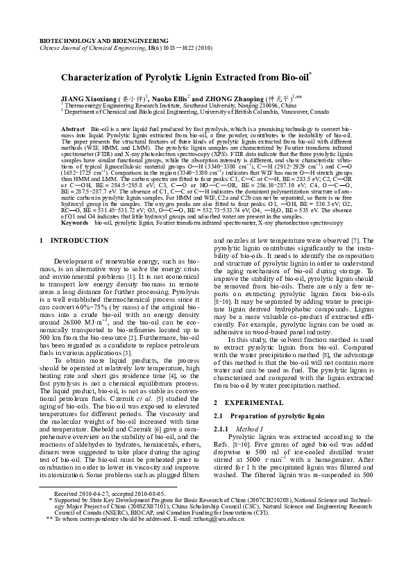 (PDF) Characterization of Pyrolytic Lignin Extracted from Bio-oil