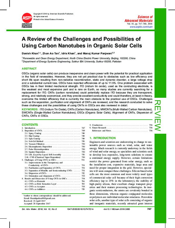 (PDF) A review on the challenges and possibilities of using CNTs in ...
