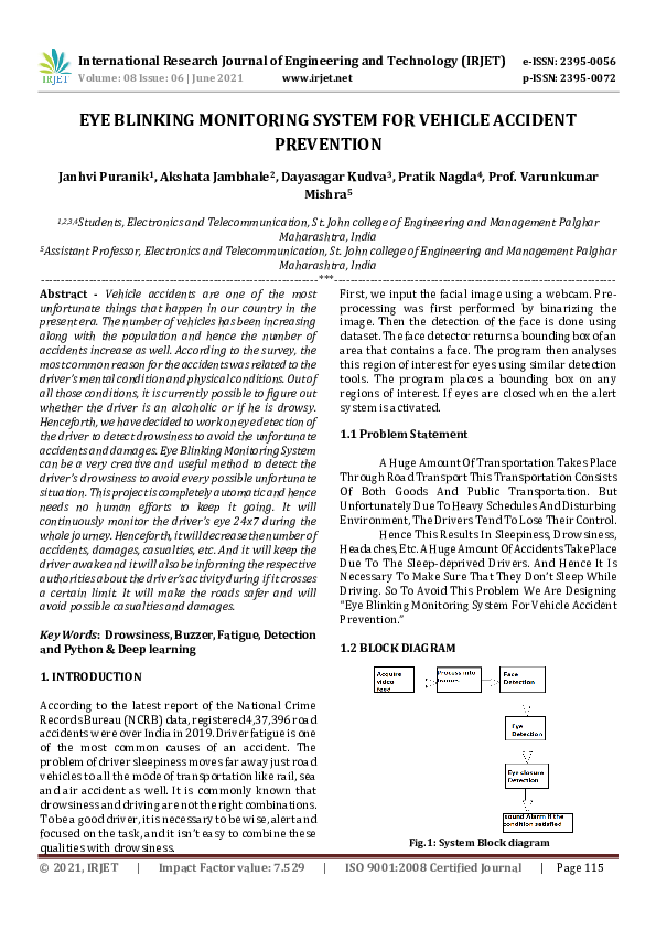 (PDF) IRJET EYE BLINKING MONITORING SYSTEM FOR VEHICLE ACCIDENT