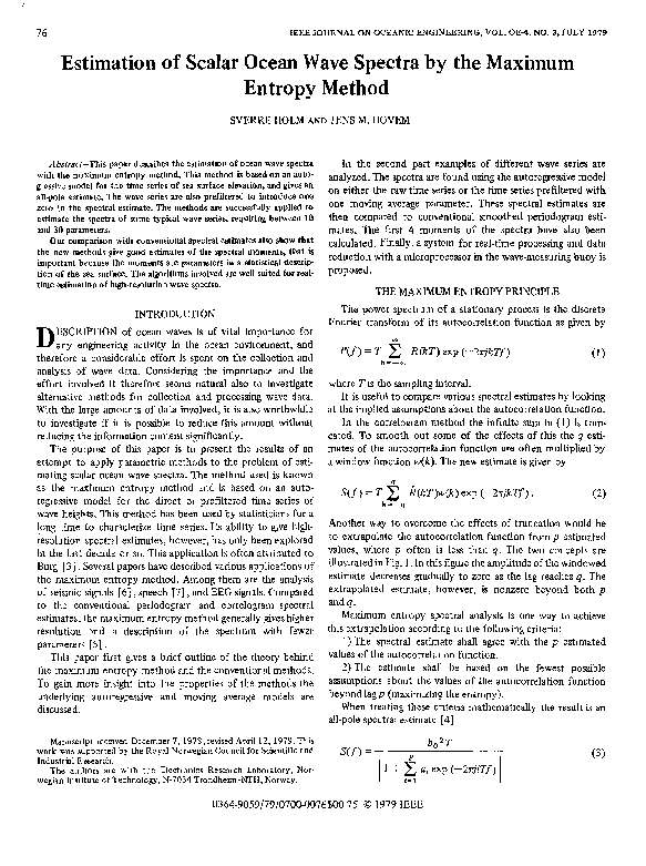 (PDF) Estimation of scalar ocean wave spectra by the maximum entropy method