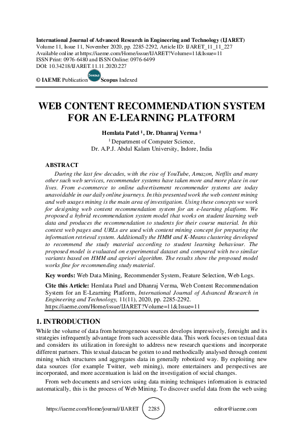 (PDF) WEB CONTENT RECOMMENDATION SYSTEM FOR AN E-LEARNING PLATFORM