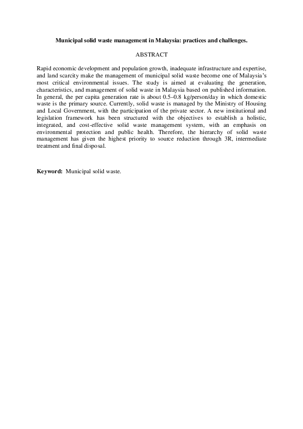 (PDF) Municipal solid waste management in Malaysia: Practices and ...
