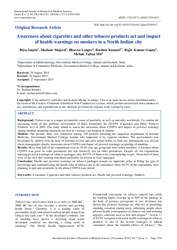 PDF) Awareness about cigarettes and other tobacco products act and impact  of health warnings on smokers in a North Indian city