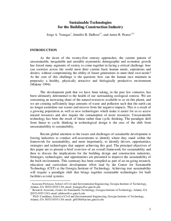 (PDF) Sustainable technologies for the building construction industry