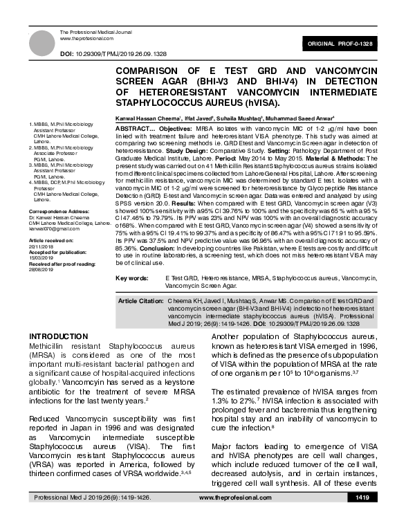 (PDF) Comparison of E test GRD and vancomycin screen agar (BHI-V3 and ...