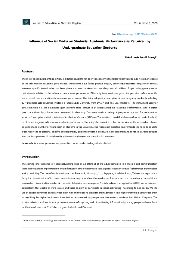 (PDF) Influence of Social Media on Students’ Academic Performance as ...