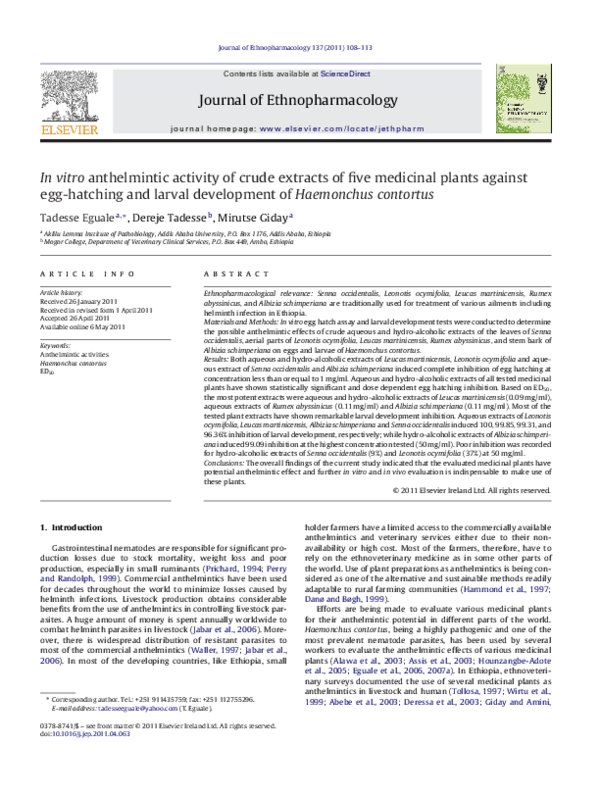 (PDF) In vitro anthelmintic activity of crude extracts of five ...
