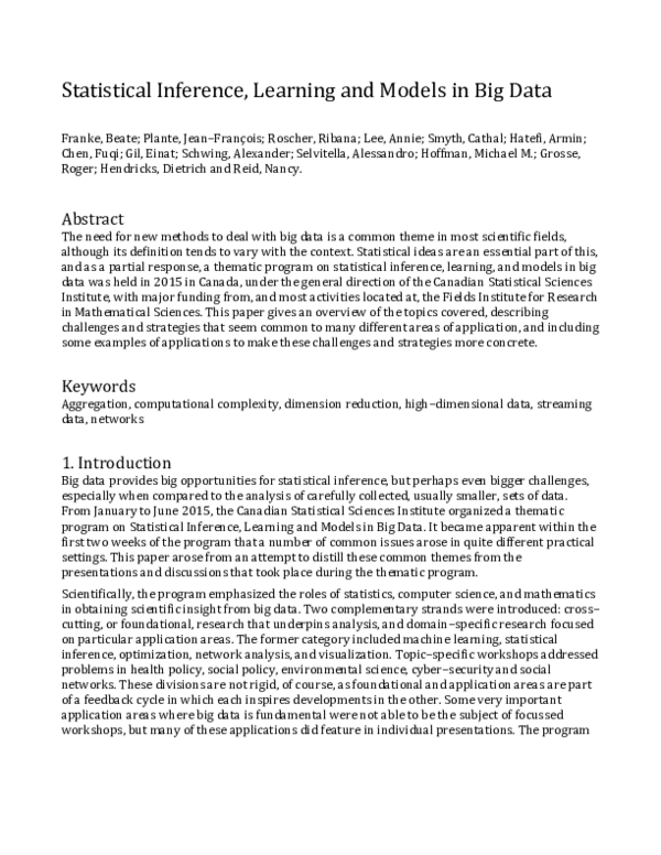 (PDF) Statistical Inference, Learning and Models in Big Data