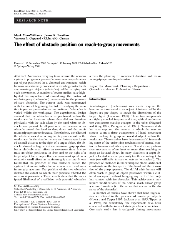 (PDF) The effect of obstacle position on reach-to-grasp movements