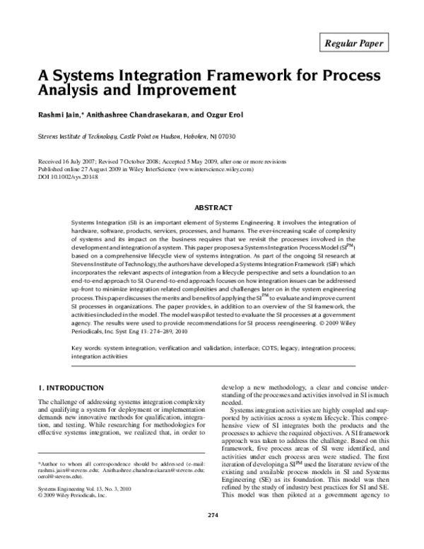 (PDF) A systems integration framework for process analysis and improvement