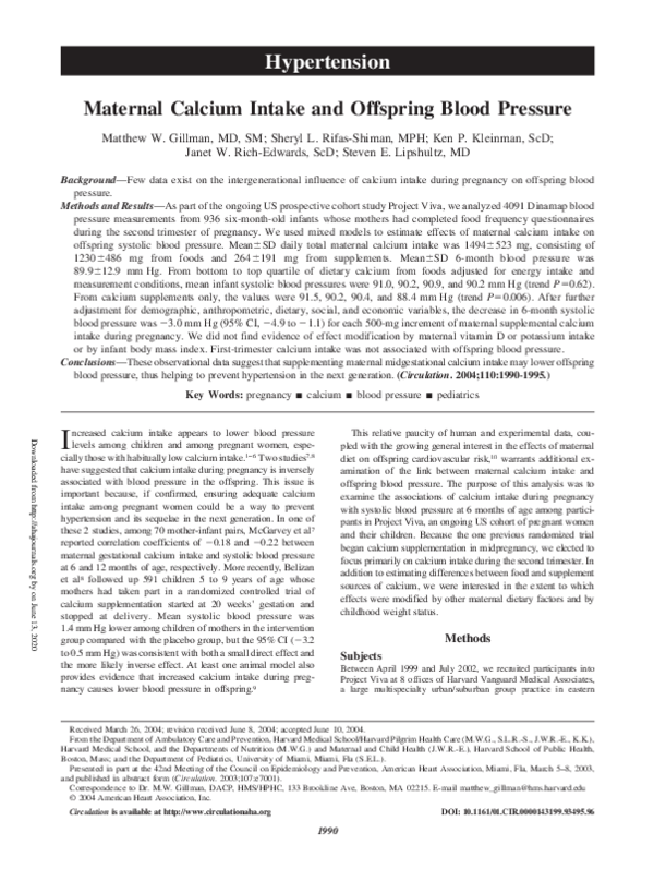 (PDF) Maternal calcium intake and offspring blood pressure