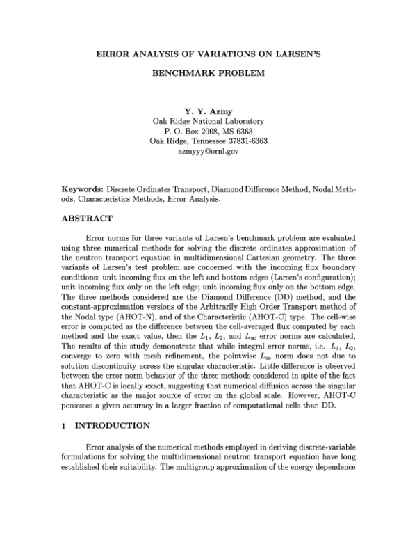 Pdf Error Analysis Of Variations On Larsen S Benchmark Problem Yousry Azmy Academia Edu