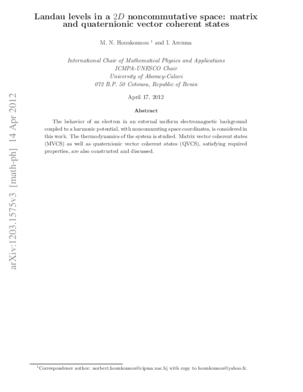 (PDF) Landau levels in a 2D noncommutative space: matrix and ...