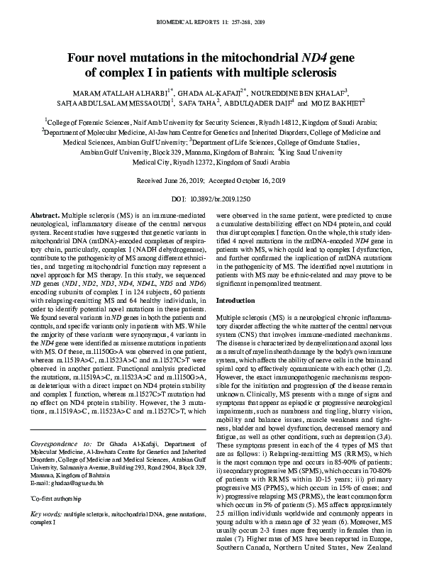 (PDF) Four novel mutations in the mitochondrial ND4 gene of complex I ...