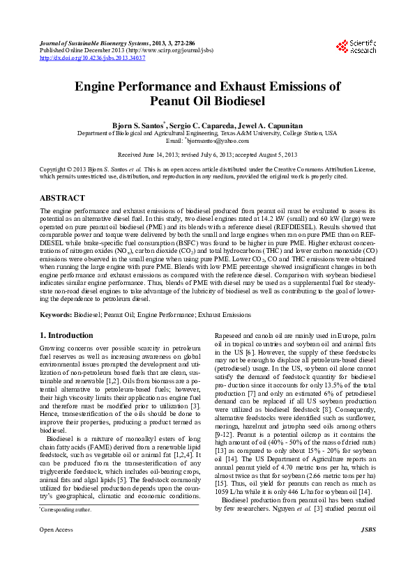 (PDF) Engine Performance and Exhaust Emissions of Peanut Oil Biodiesel