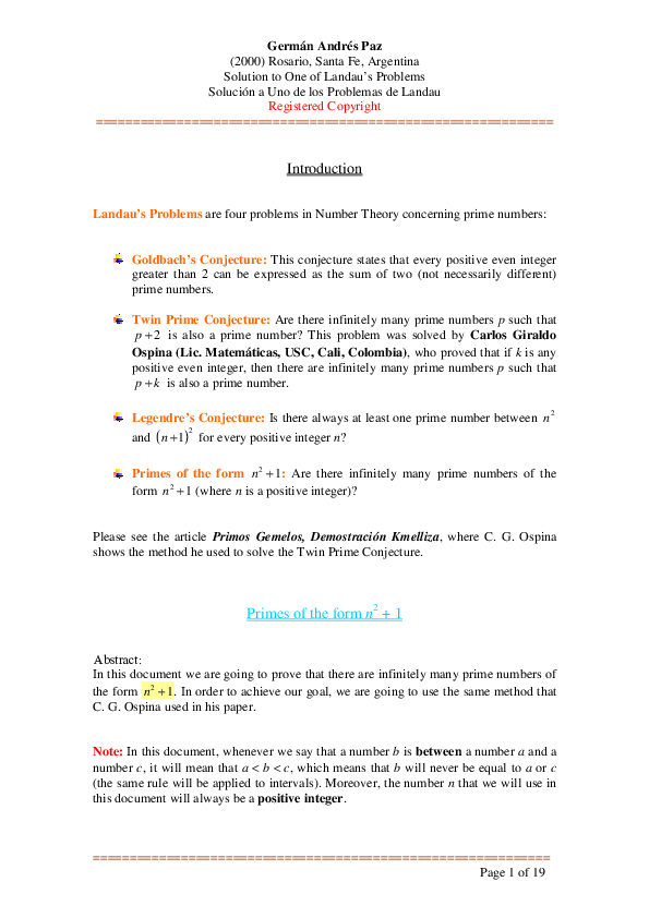 (PDF) Solution to One of Landau's Problems