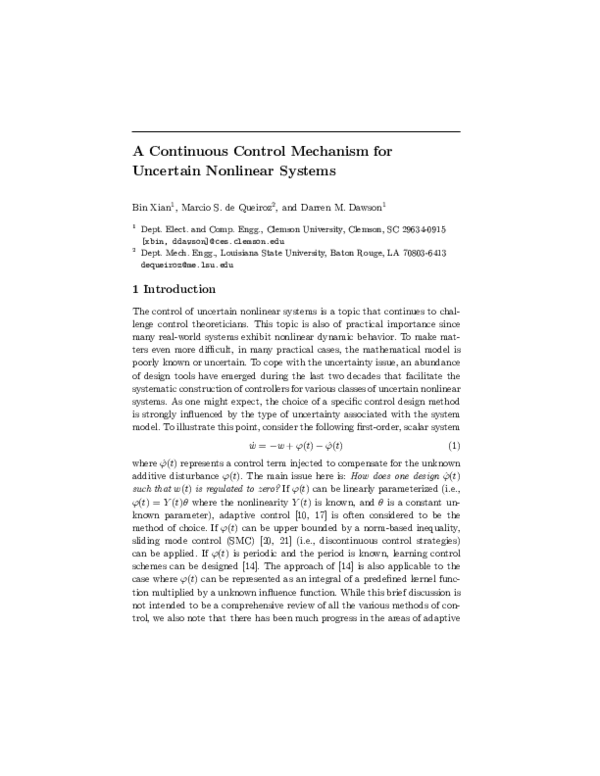 (PDF) A Continuous Control Mechanism for Uncertain Nonlinear Systems
