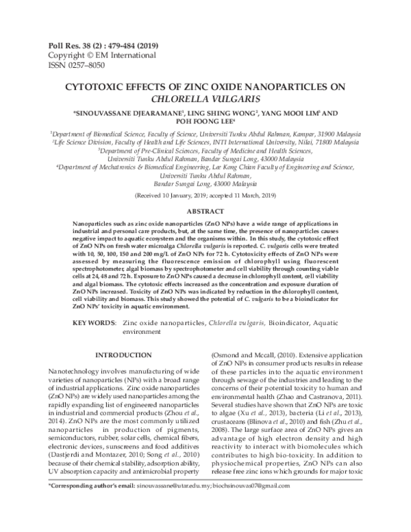 (PDF) CYTOTOXIC EFFECTS OF ZINC OXIDE NANOPARTICLES ON CHLORELLA VULGARIS