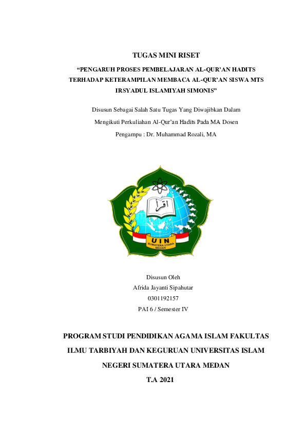 (PDF) TUGAS MINI RISET "PENGARUH PROSES PEMBELAJARAN AL-QUR'AN HADITS ...