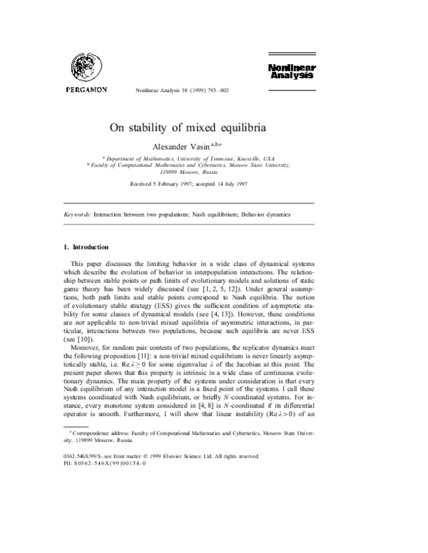 (PDF) On stability of mixed equilibria