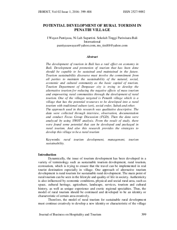 (PDF) Potential Development of Rural Tourism in Penatih Village