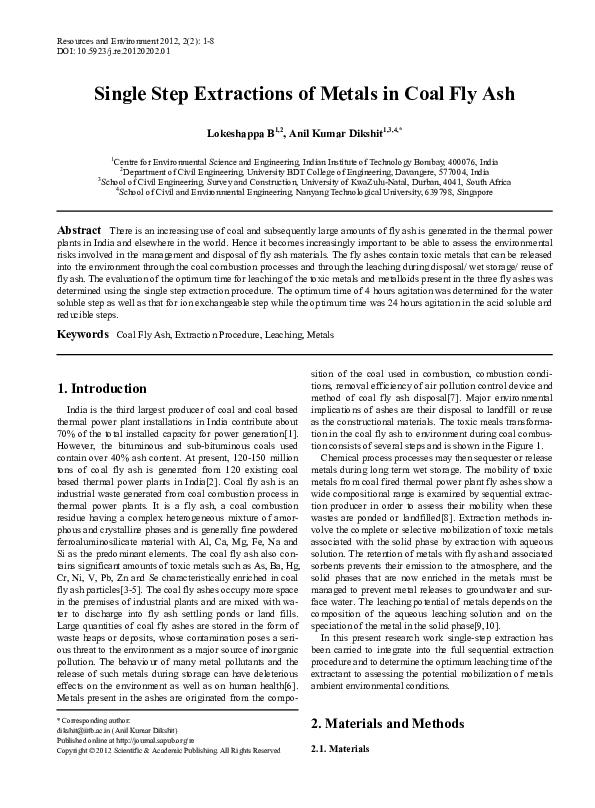 (PDF) Single Step Extractions of Metals in Coal Fly Ash