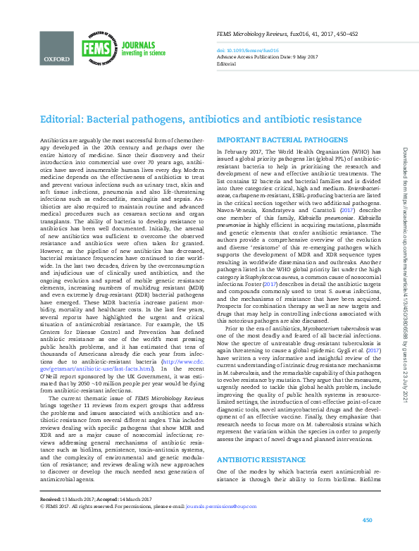(PDF) Editorial: Bacterial pathogens, antibiotics and antibiotic resistance