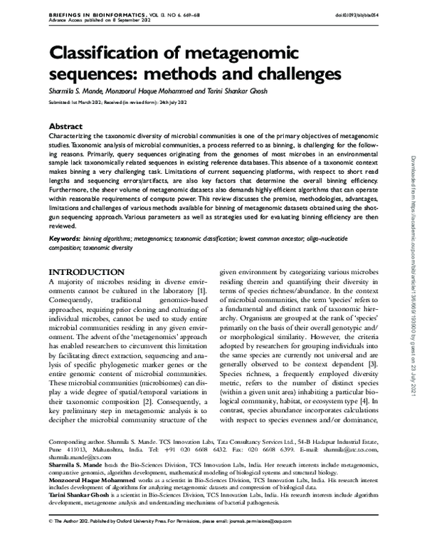 (PDF) Classification of metagenomic sequences: methods and challenges