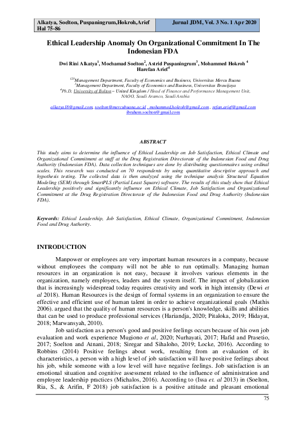 (PDF) Ethical Leadership Anomaly On Organizational Commitment In The ...